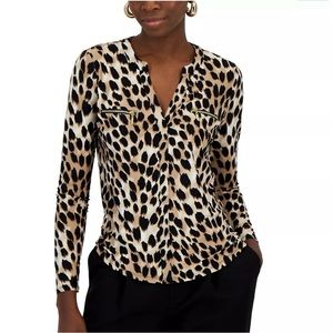 I.N.C. International Concepts Print Zip-Pocket V-Neck Top Size XS Ombre Cheetah